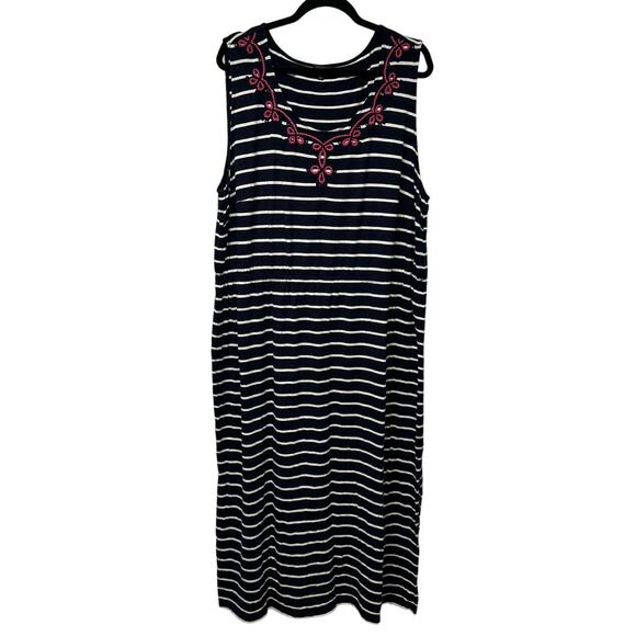 Talbots Embroidered Blue Sleeveless Stripe Jersey Maxi Dress Womens 3XP Petite - Picture 1 of 12